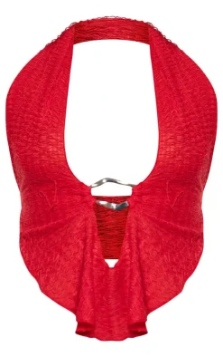 Outlet PrettyLittleThing Textu Ring Detail Halterneck Top Red