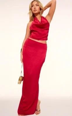 Online PrettyLittleThing Textu Satin Cowl Open Back Longline Top Red