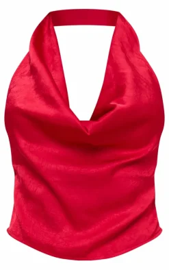 Online PrettyLittleThing Textu Satin Cowl Open Back Longline Top Red
