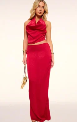 PrettyLittleThing Textu Satin Low Rise Maxi Skirt Red