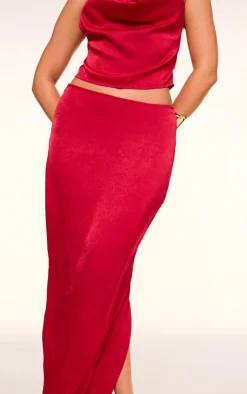 PrettyLittleThing Textu Satin Low Rise Maxi Skirt Red