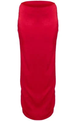 PrettyLittleThing Textu Satin Low Rise Maxi Skirt Red