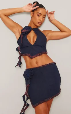 PrettyLittleThing Red Tint Flower Denim Mini Skirt Indigo
