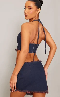 PrettyLittleThing Red Tint Flower Halterneck Denim Top Indigo