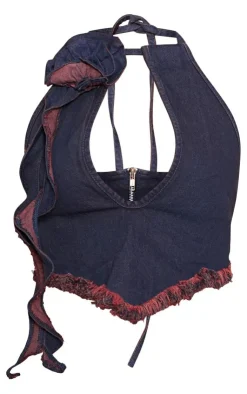 PrettyLittleThing Red Tint Flower Halterneck Denim Top Indigo