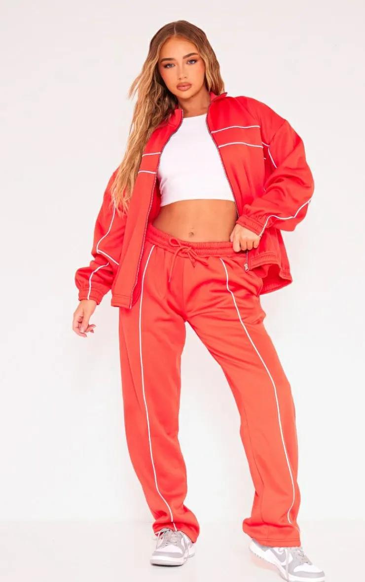 Sale PrettyLittleThing Tricot Oversized Contrast Piping Straight Leg Sweatpant Red