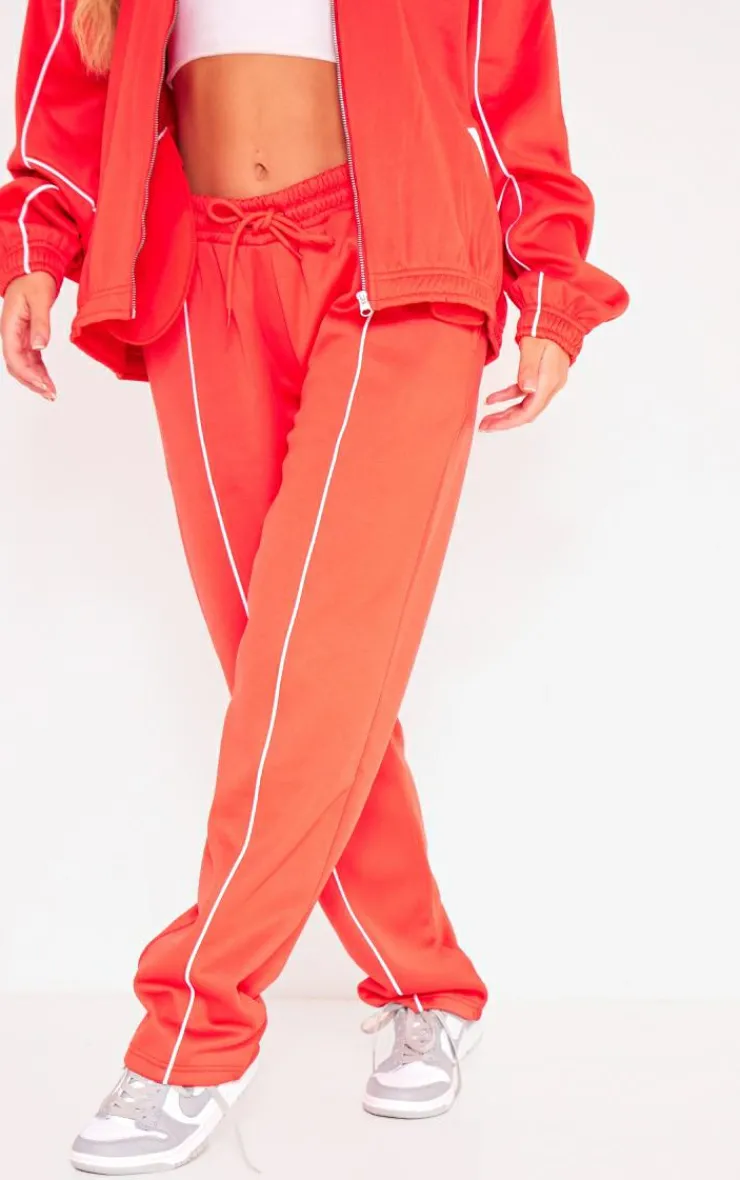 Sale PrettyLittleThing Tricot Oversized Contrast Piping Straight Leg Sweatpant Red