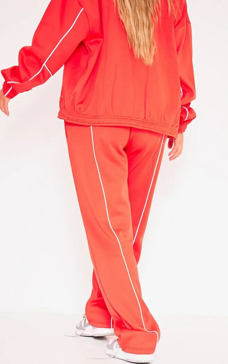 Sale PrettyLittleThing Tricot Oversized Contrast Piping Straight Leg Sweatpant Red