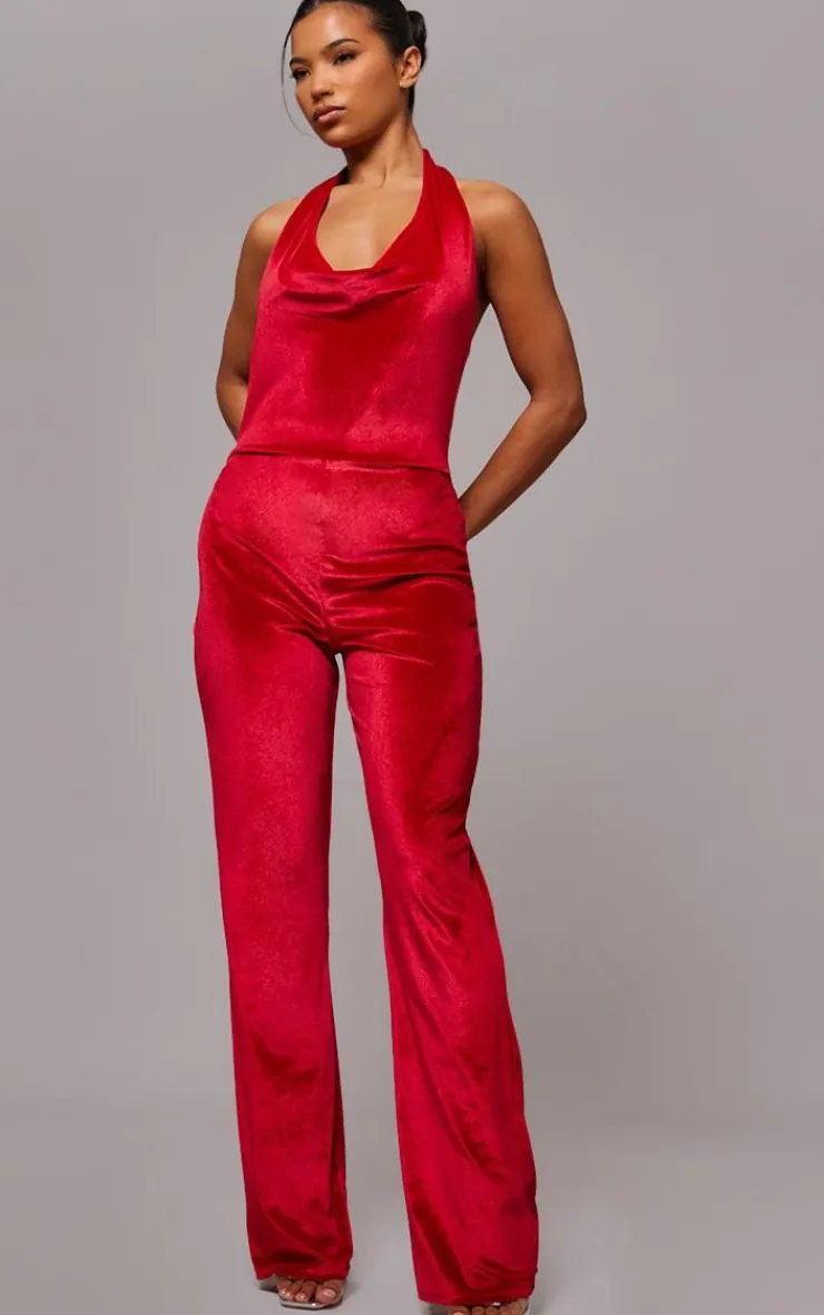 Velvet Cowl Neck Wide Leg Jumpsuit-PrettyLittleThing New