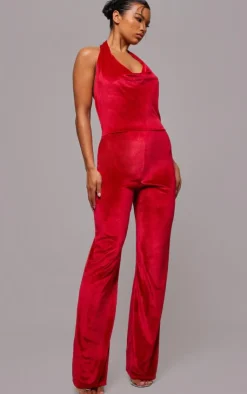Velvet Cowl Neck Wide Leg Jumpsuit-PrettyLittleThing New