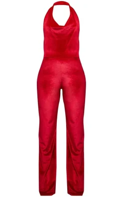 Velvet Cowl Neck Wide Leg Jumpsuit-PrettyLittleThing New