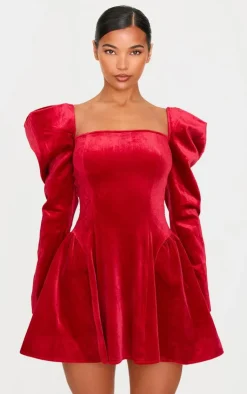 Velvet Extreme Puff Sleeve Skater Dress-PrettyLittleThing Discount