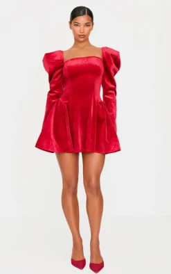 Velvet Extreme Puff Sleeve Skater Dress-PrettyLittleThing Discount