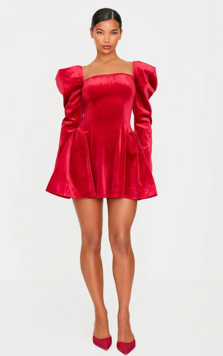 Velvet Extreme Puff Sleeve Skater Dress-PrettyLittleThing Discount