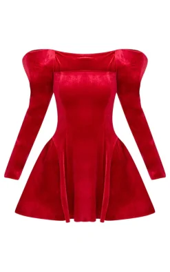 Velvet Extreme Puff Sleeve Skater Dress-PrettyLittleThing Discount