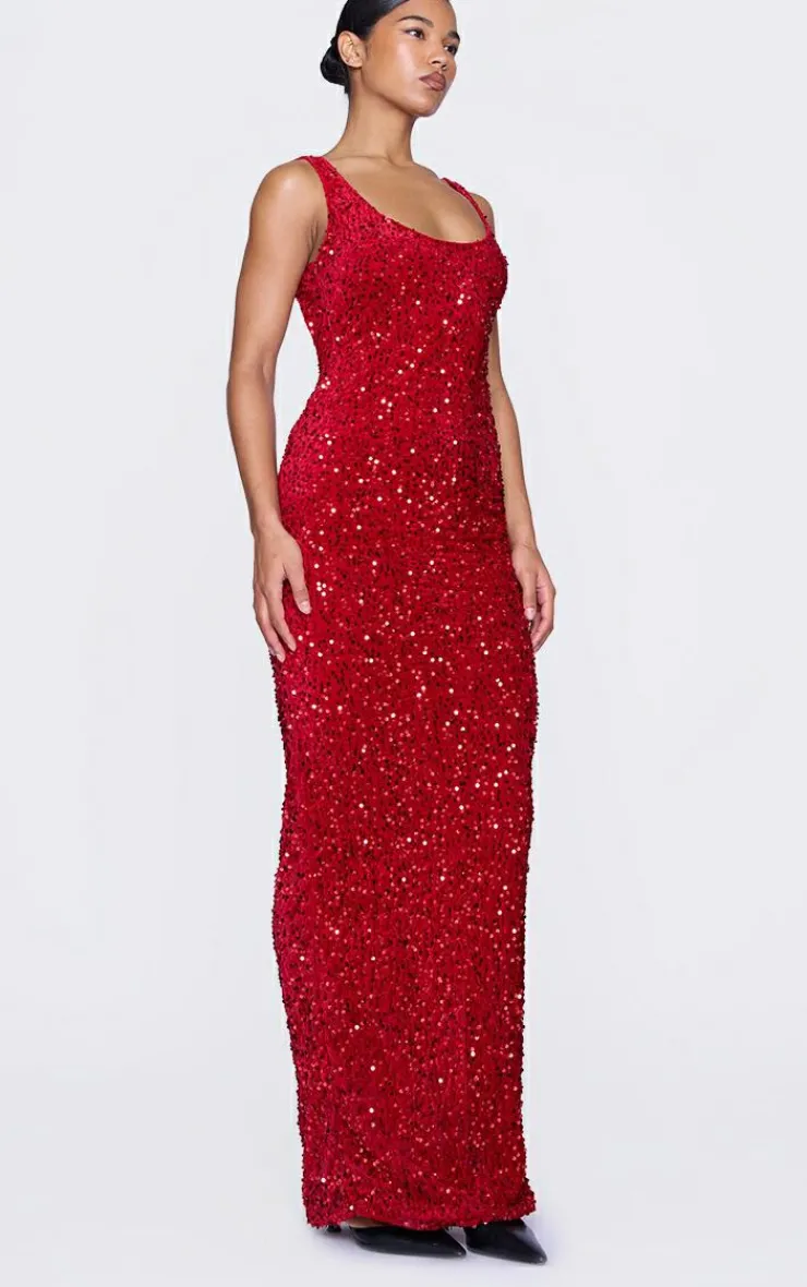 Velvet Sequin Embellished Scoop Back Maxi Dess-PrettyLittleThing