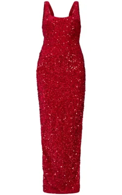 Velvet Sequin Embellished Scoop Back Maxi Dess-PrettyLittleThing