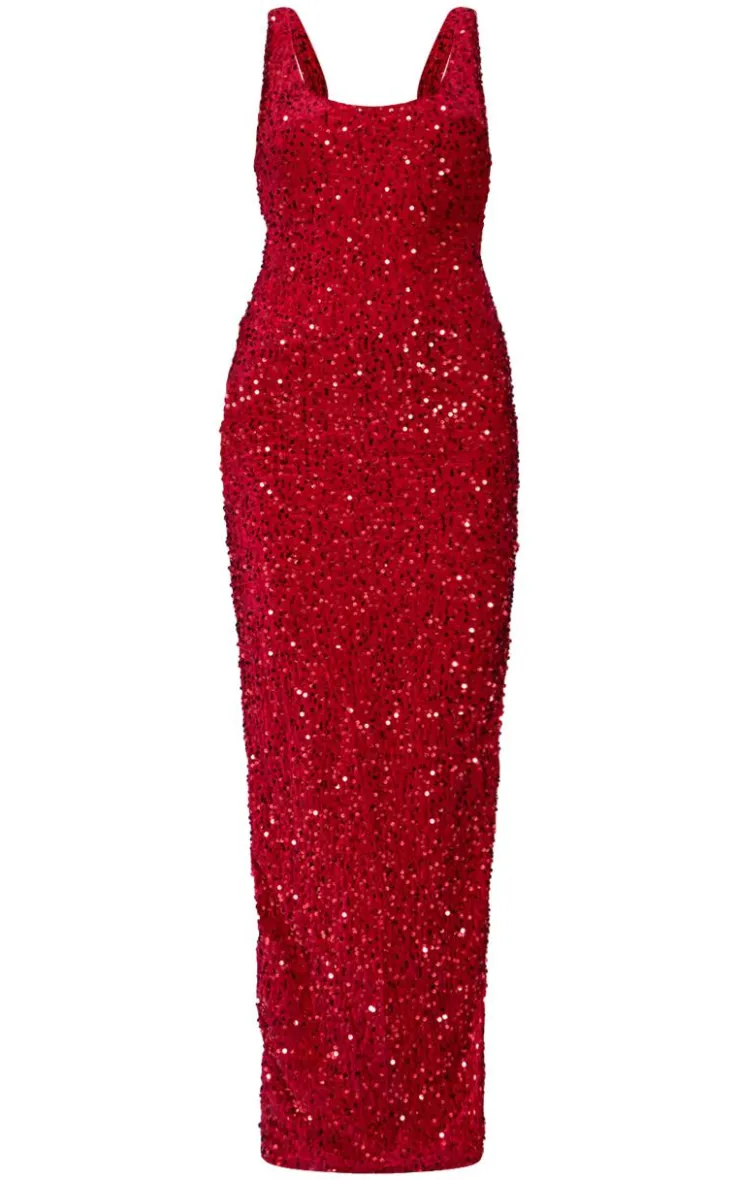 Velvet Sequin Embellished Scoop Back Maxi Dess-PrettyLittleThing