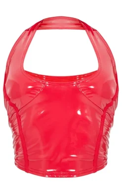 Red Vinyl Halterneck Crop Top