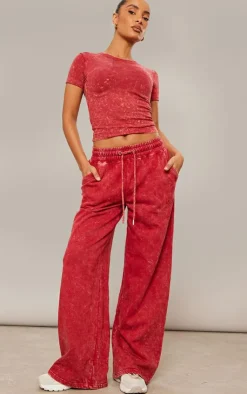 Hot PrettyLittleThing Washed Oversized Low Rise Wide Leg Sweatpants Red