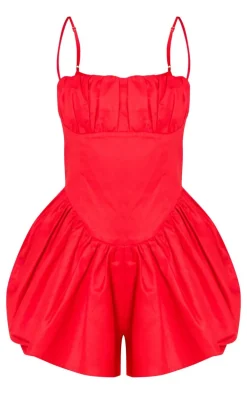 Red Woven Dipped Waist Strappy Romper