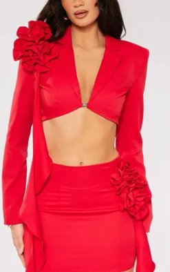 New PrettyLittleThing Woven Floral Applicate Frill Cropped Blazer Red