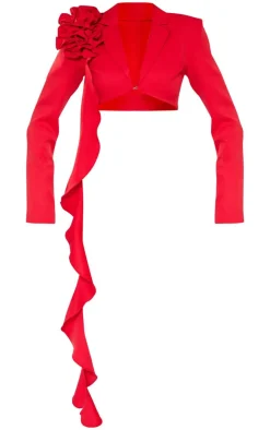 New PrettyLittleThing Woven Floral Applicate Frill Cropped Blazer Red