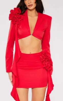 Best PrettyLittleThing Woven Floral Applique Frill Mini Skirt Red