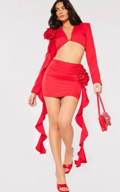 Best PrettyLittleThing Woven Floral Applique Frill Mini Skirt Red