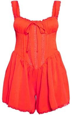Red Woven Lace Detail Strappy Romper