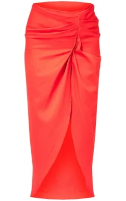 New PrettyLittleThing Woven Ruched Skirt Midaxi Skirt Red