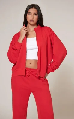 Discount PrettyLittleThing Zip Up Sweatshirt Red
