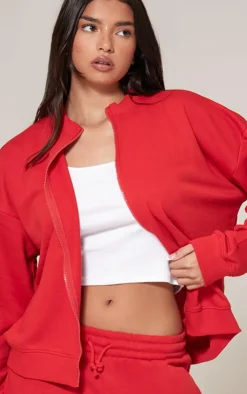 Discount PrettyLittleThing Zip Up Sweatshirt Red