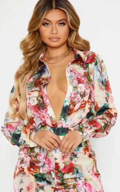 Best PrettyLittleThing Femme Renaissance Print Oversized Shirt Rose