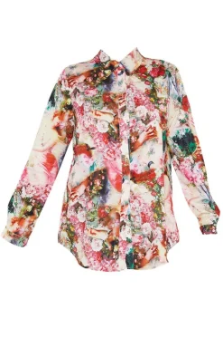 Best PrettyLittleThing Femme Renaissance Print Oversized Shirt Rose