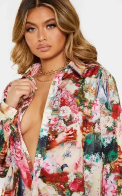 Best PrettyLittleThing Femme Renaissance Print Oversized Shirt Rose