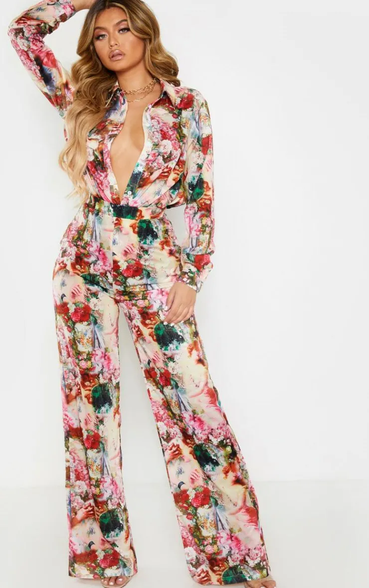 Clearance PrettyLittleThing Femme Renaissance Print Wide Leg Pants Rose