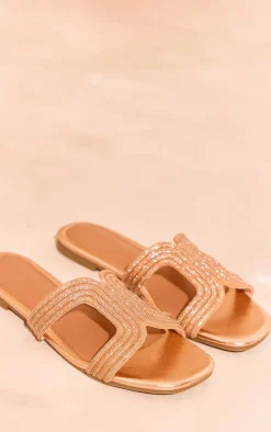 PrettyLittleThing Flat Sandals*PU Round Toe Diamante Cross Strap Flat Sandals