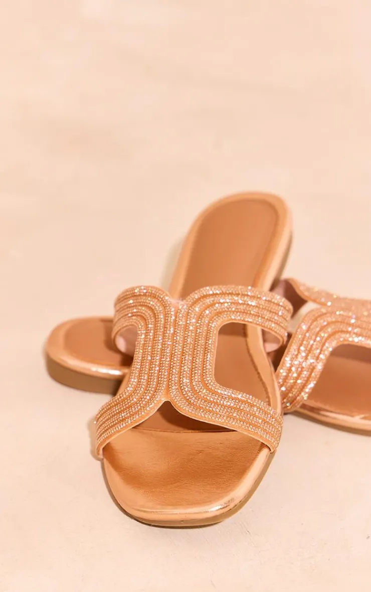 PrettyLittleThing Flat Sandals*PU Round Toe Diamante Cross Strap Flat Sandals