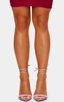 PrettyLittleThing Lace Up Heels*Round Diamante Plaited Strap Barely There Lace Up Sandals