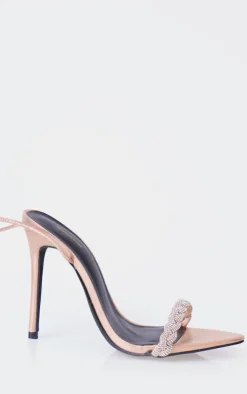 PrettyLittleThing Lace Up Heels*Round Diamante Plaited Strap Barely There Lace Up Sandals