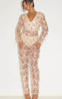 Tassel Sequin Plunge Jumpsuit-PrettyLittleThing Discount