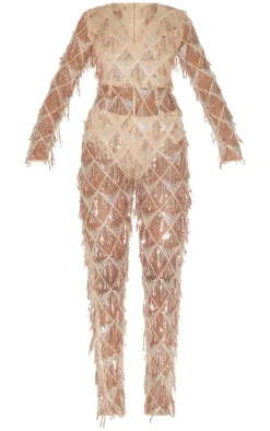 Tassel Sequin Plunge Jumpsuit-PrettyLittleThing Discount