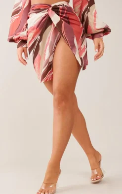 Discount PrettyLittleThing Printed Twist Front Split Leg Mini Skirt Rose
