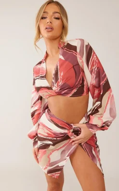 Discount PrettyLittleThing Printed Twist Front Split Leg Mini Skirt Rose
