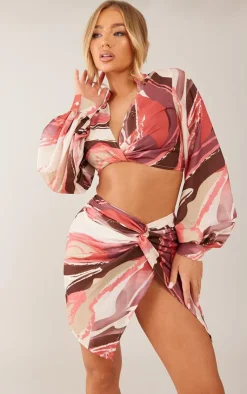 Hot PrettyLittleThing Printed Twist Front Balloon Sleeve Crop Top Rose