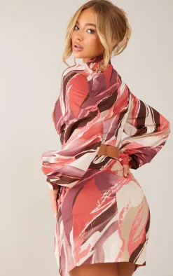 Hot PrettyLittleThing Printed Twist Front Balloon Sleeve Crop Top Rose