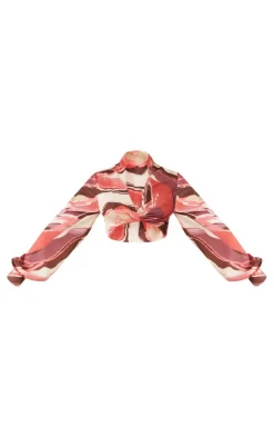 Hot PrettyLittleThing Printed Twist Front Balloon Sleeve Crop Top Rose
