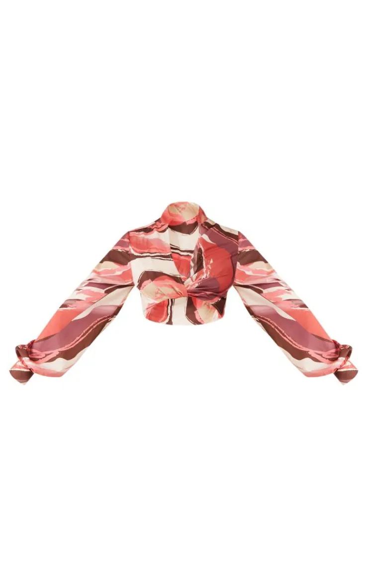 Hot PrettyLittleThing Printed Twist Front Balloon Sleeve Crop Top Rose
