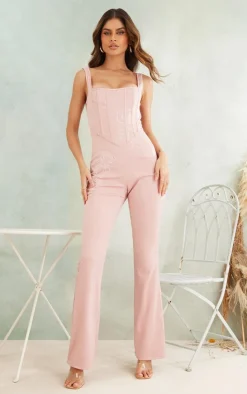 Satin Embroidery Detail Boned Strappy Jumpsuit-PrettyLittleThing Online